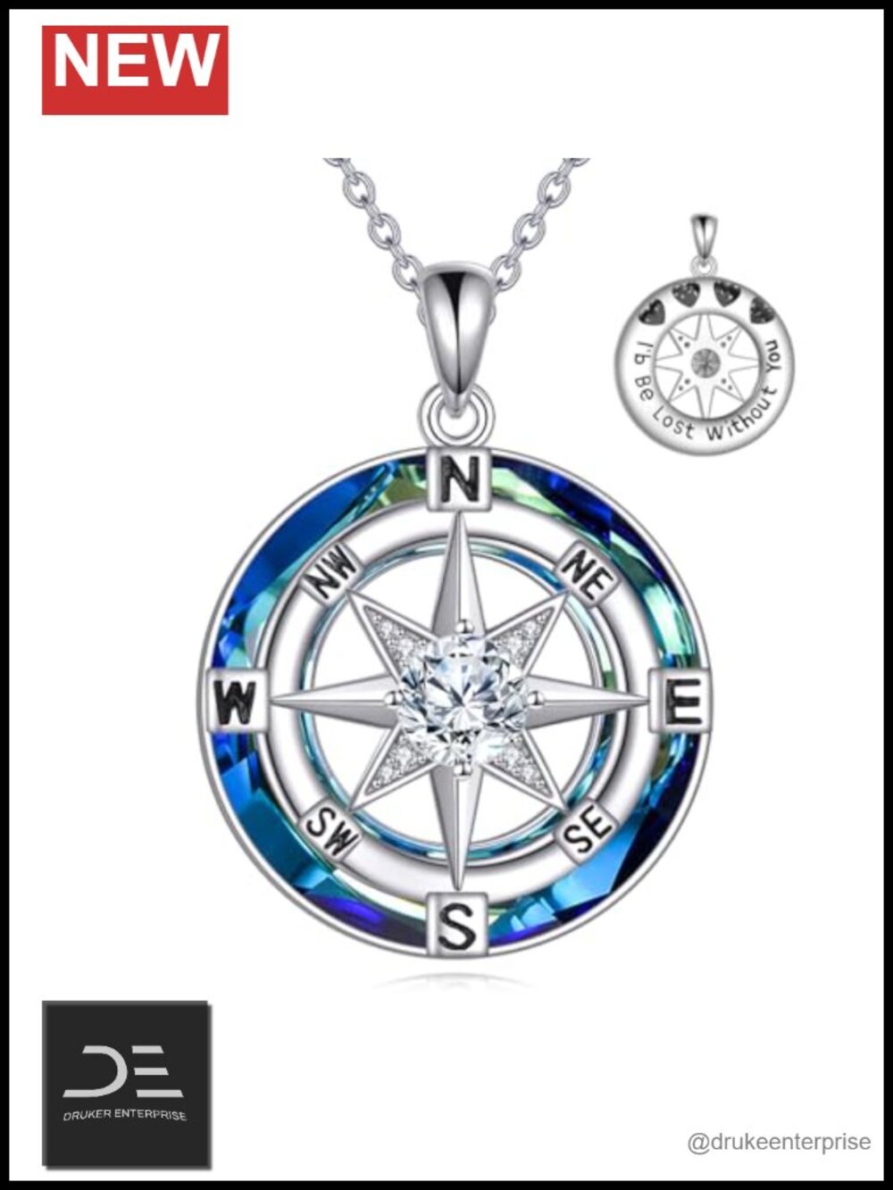 Compass Necklace Sterling Silver Moissanite Pendant Jewelry Gift for Women